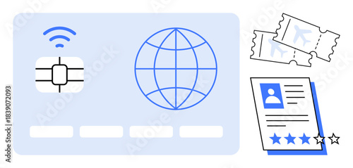 Digital passport with chip, globe image for global connectivity, flight tickets, and ID card with rating. Ideal for travel, global mobility, identity verification, online booking, security tourism