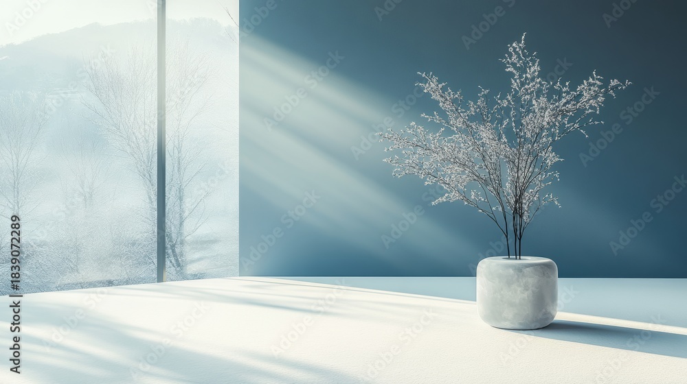 Fototapeta premium Christmas tree with white snowdrift,snowflakes,snow land,podium with bauble,Christmas theme stage podium mock up for product placement,Happy New Year. Celebrate party,Xmas Poster,web banner,festive.