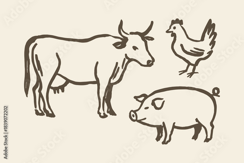 Farm animals cow pig chicken doodle sketch vector illustration
