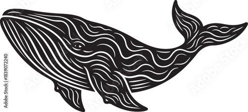 Stylized black and white whale illustration marine