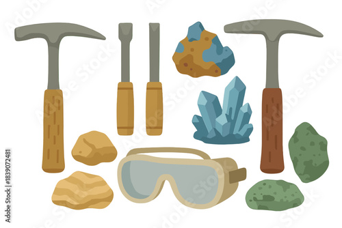 Essential geology tools and diverse mineral samples for rock hounding exploration