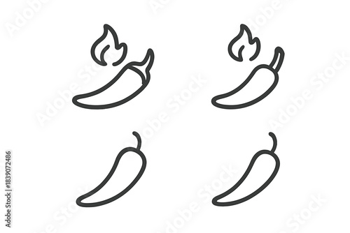 Hot chili pepper icons set featuring flame outline symbols