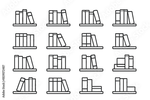 Various outline icons of books arranged on library shelves