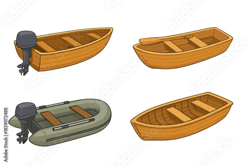 Set of four small watercraft including wooden rowboats and inflatable dinghy