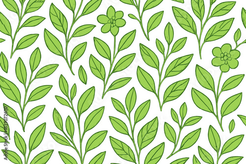 Seamless pattern of stylized green leaves and simple flowers on white background