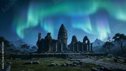 Ancient Temple Ruins Under Aurora Borealis.