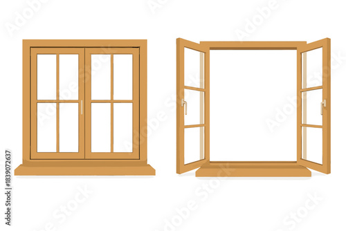 Wooden casement window showing closed and open views
