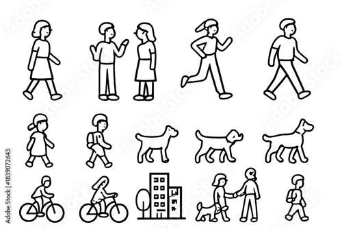 Simple line icons showing people walking running cycling and dogs in urban setting