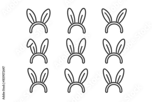 Set of nine bunny ear headband outline icons for costume or holiday design