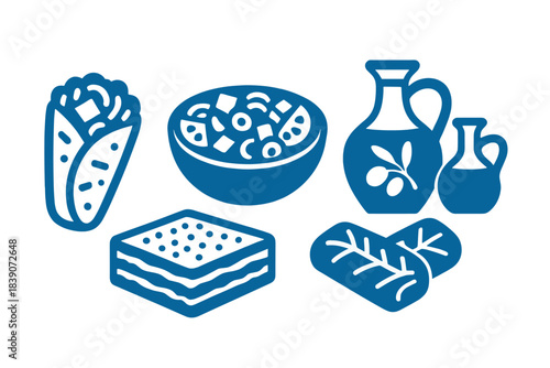 Traditional Greek food icons featuring gyro, salad, pastry, and olive oil