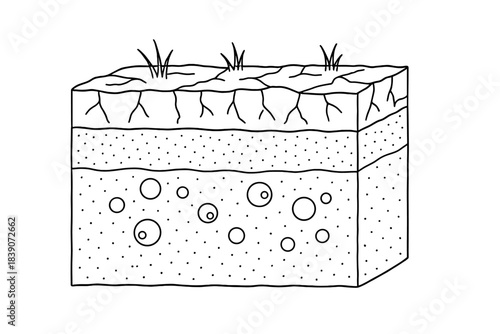 Detailed cross section diagram showing soil layers and penetrating grass roots