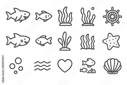 Collection of simple outline icons representing marine life and various ocean elements