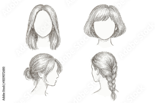 Various female hairstyle sketches featuring straight, bob, bun, and braid designs