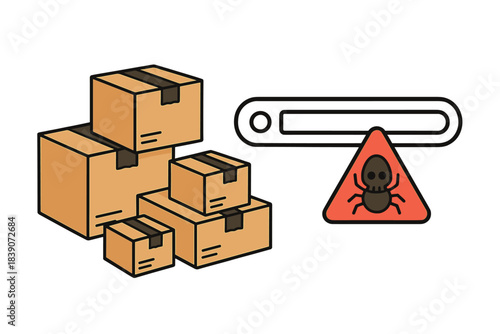 Cardboard shipping boxes with pest warning sign and loading progress bar