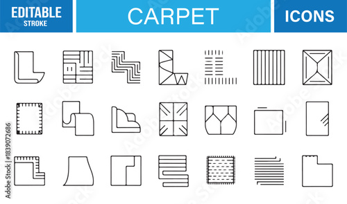 Stylish Minimal Icons for Carpet and Rug Designs Featuring Floor Mats, Patterns, Textiles, Rolls, and Home Decor Elements
