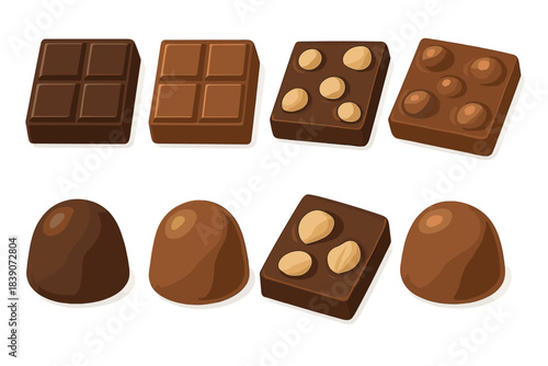 Assortment of dark and milk chocolate pieces with nuts and truffles