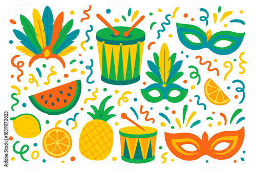Vibrant carnival elements featuring tropical fruit and musical percussion