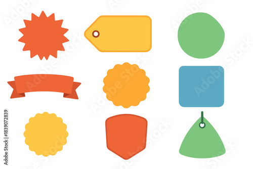 Colorful assortment of blank sale tags ribbons and stickers