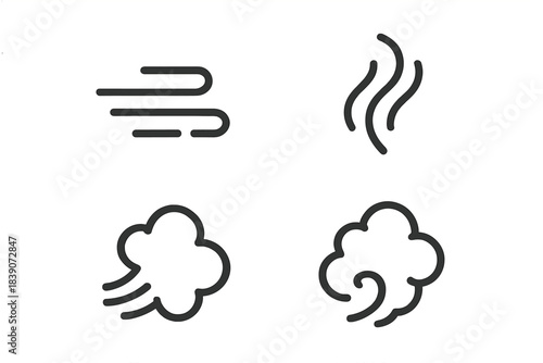 Four minimalist black line icons depicting wind and air movement concepts