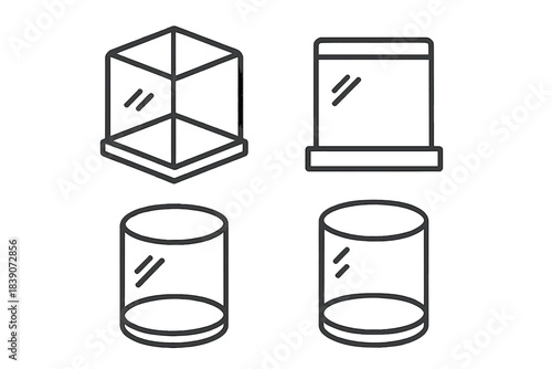 Geometric display cases and transparent product presentation containers icons