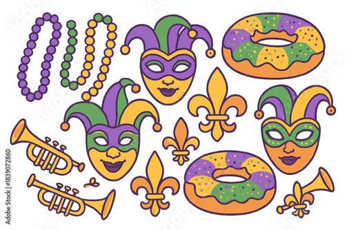 Mardi Gras celebration icons set featuring beads masks fleur de lis and king cake