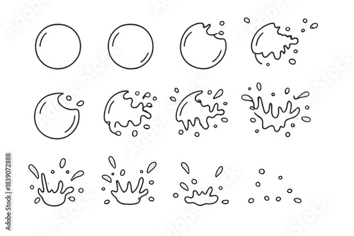 Sequential outline icons depicting a hand drawn liquid splash animation