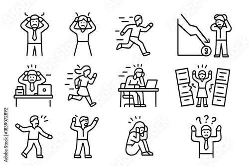 Set of business people icons showing stress anxiety burnout and failure concepts