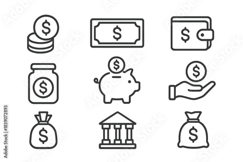 Outline icons set for finance money saving and banking concepts