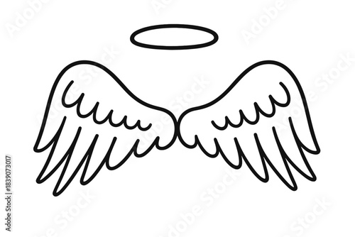 Minimalist black outline angel wings and halo symbol