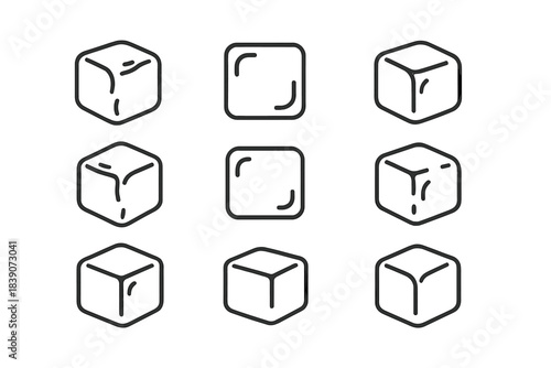Nine stylized ice cube icons showing various outline perspectives