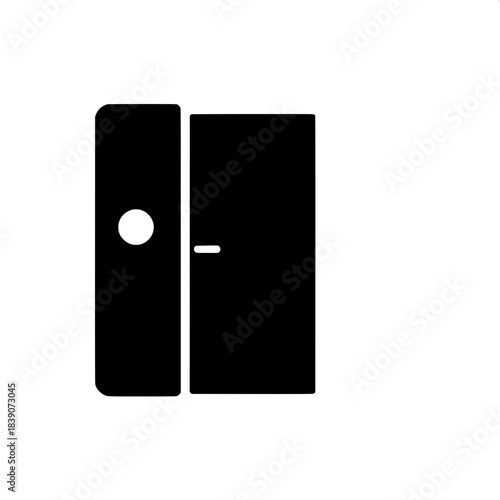 A simple silhouette-style door icon featuring a black rectangle with a matte finish, framed by a thin border of white, adorned with a white circle doorknob positioned on the left side of the rectangle