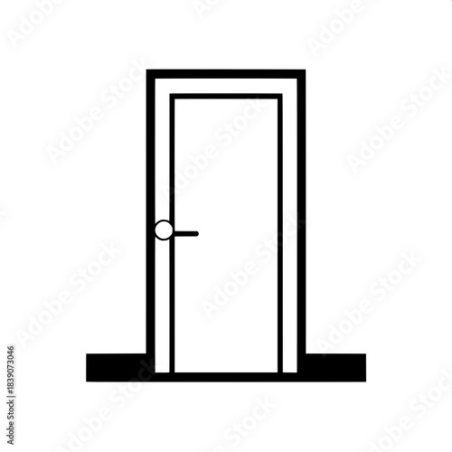 A simple silhouette-style door icon featuring a black rectangle with a matte finish, framed by a thin border of white, adorned with a white circle doorknob positioned on the left side of the rectangle