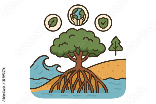 Mangrove tree ecosystem with environmental protection icons