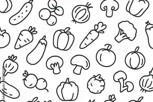 Seamless pattern of various doodle style fresh vegetables and produce icons