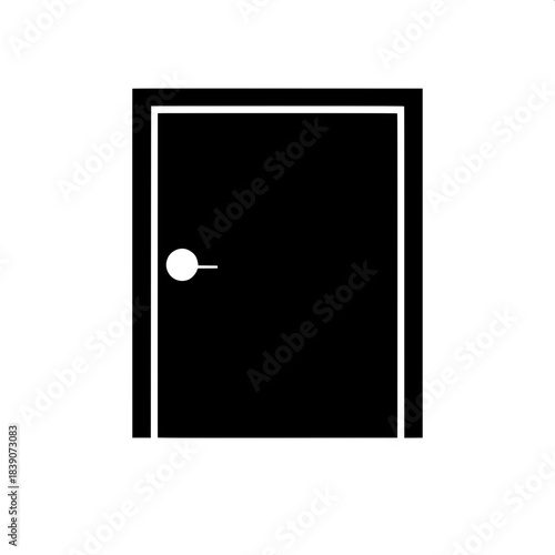 A simple silhouette-style door icon featuring a black rectangle with a matte finish, framed by a thin border of white, adorned with a white circle doorknob positioned on the left side of the rectangle