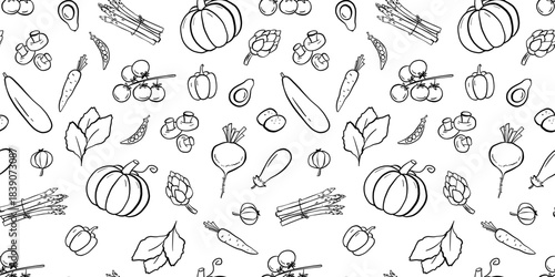 Seamless pattern with vegetables hand drawn illustrations. Outline pumpkin, zucchini, pepper and tomatoes sketch isolated on white background