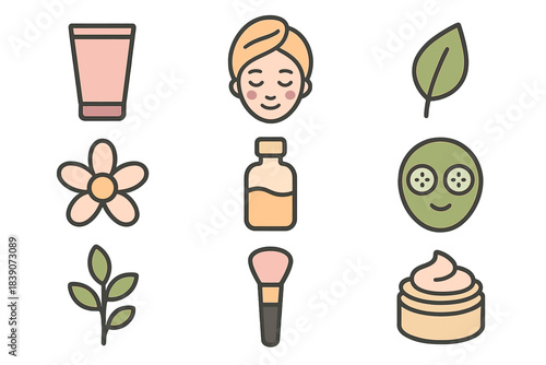 Colorful icons representing natural beauty and cosmetic care routine elements
