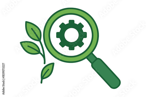 Magnifying glass examining plant sprout next to mechanical gear for research