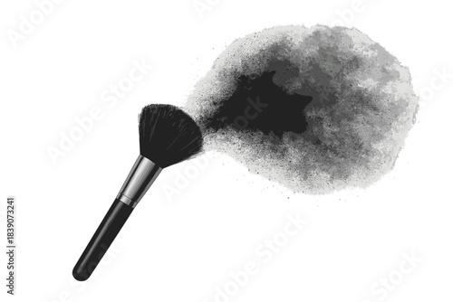 Black makeup powder puff cloud dispersing from cosmetic brush