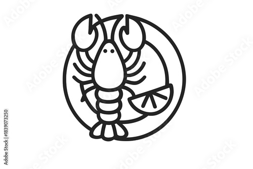 Cooked lobster with lemon slice on plate simple line icon