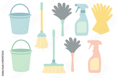Pastel colored household cleaning tools and supplies assortment