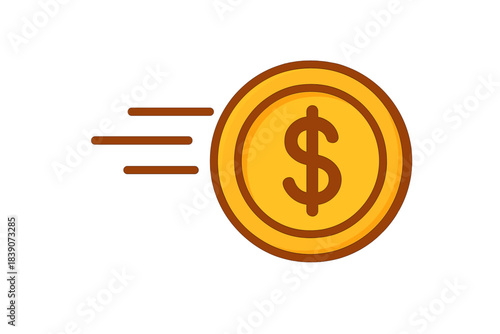 Fast moving golden dollar coin with dynamic motion lines