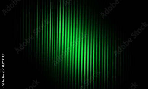 An intense, dynamic abstract background featuring tight vertical lines or stripes illuminated by a central green light source. The dark edges create a dramatic vignette effect, resembling digital data