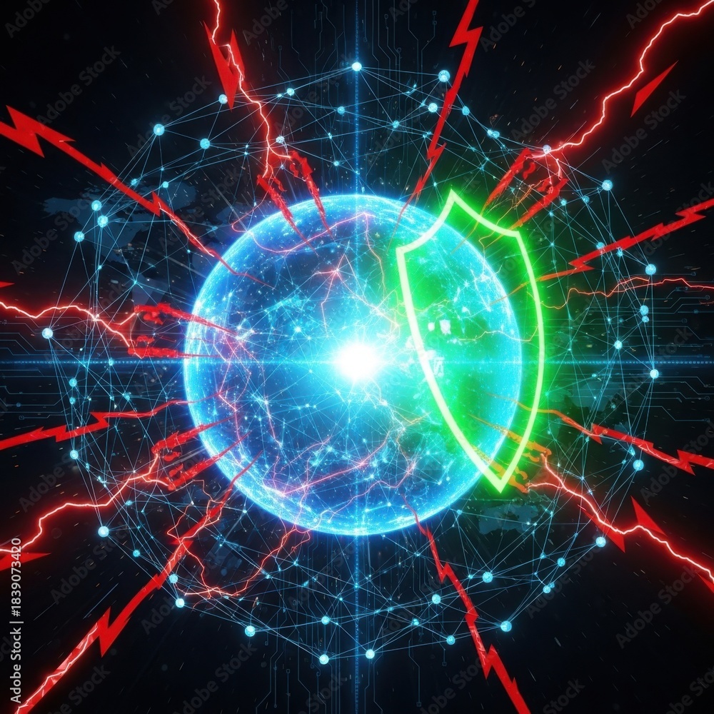Fototapeta premium Digital realm defense: Energetic shield protecting global network from threats