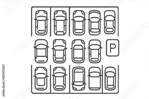 Overhead schematic of automobiles parked in organized parking lot spaces
