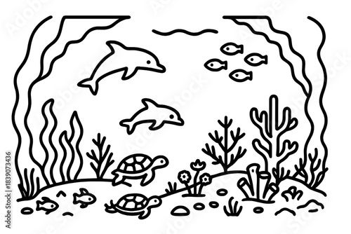 Simple outline drawing of dolphins sea turtles and fish in ocean habitat