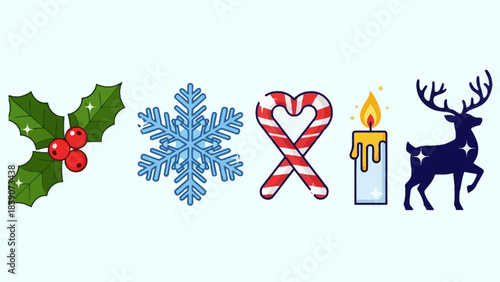 Classic Christmas Symbol Icon Set – Holly, Snowflake, Candy Cane, Candle, Reindeer