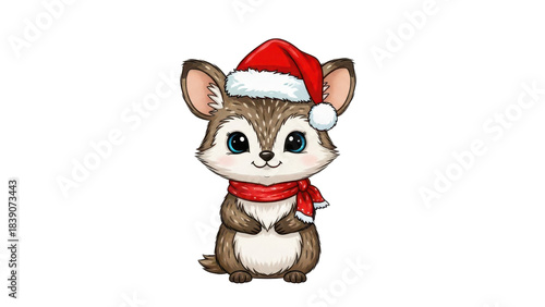 Cute Cartoon Baby Mouse Wearing Red Santa Hat and Scarf for Christmas isolated PNG with Transparent Background
