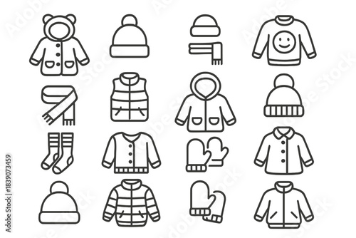 Simple line icons depicting children's winter clothing and cold weather accessories