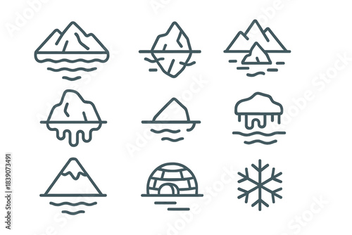 Arctic and winter climate line icons showing mountains, icebergs, and igloo
